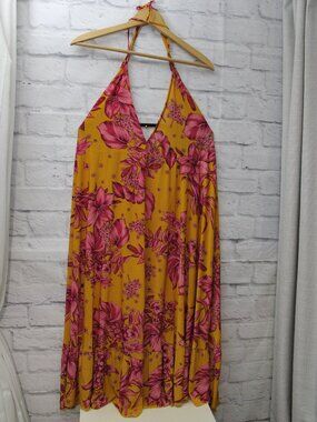 WoHoo L/Xl Vibrant Pink Floral Deep V Back Halter Neck Summer Dress